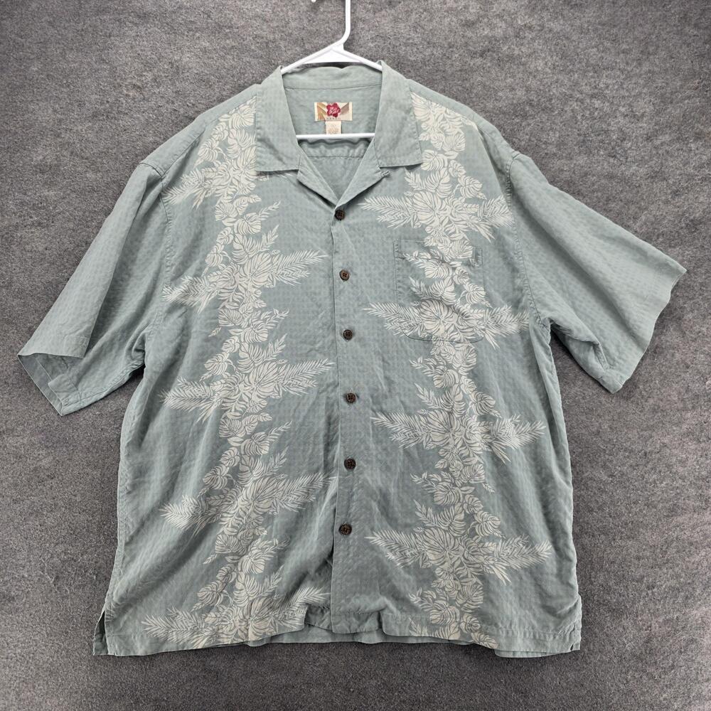 Hilo Hattie Shirt Mens XL Green Silk Floral Hawaiian Button Up Relaxed